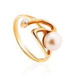 Twisted Golden Ring With Pearl And White Crystal, Ring Size: 7 / 17.5, image 