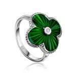 Green Enamel Four Petal Ring With Diamond The Heritage, Ring Size: 7 / 17.5, image 