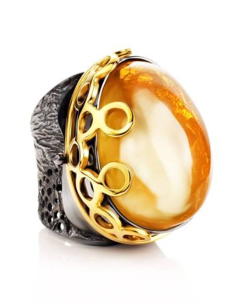 Bold Gold-Plated Cocktail Ring With Honey Amber The Sirena, Ring Size: Adjustable, image 
