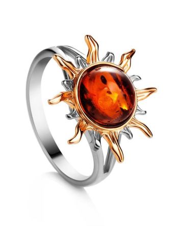 Sun Shaped Amber Ring In Gold-Plated Silver The Helios, Ring Size: 13 / 22, image 