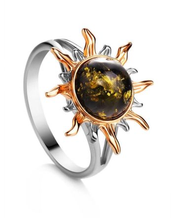 Gold-Plated Ring With Green Amber Stone The Helios, Ring Size: 13 / 22, image 