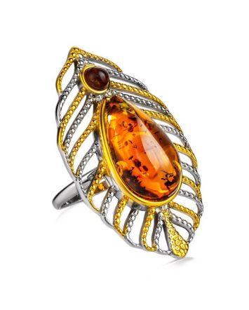 Bohemian Chic Amber Ring In Gold-Plated Silver The Peacock Feather, Ring Size: 13 / 22, image 