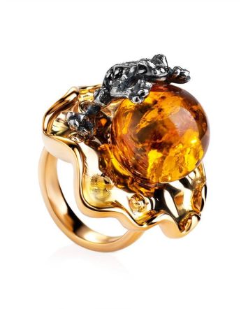 Adorable Gold-Plated Ring With Cognac Amber The Vasilisa​, Ring Size: 11 / 20.5, image 