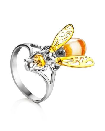 Cocktail Amber Ring In Gold-Plated Silver The Bee, Ring Size: 13 / 22, image 