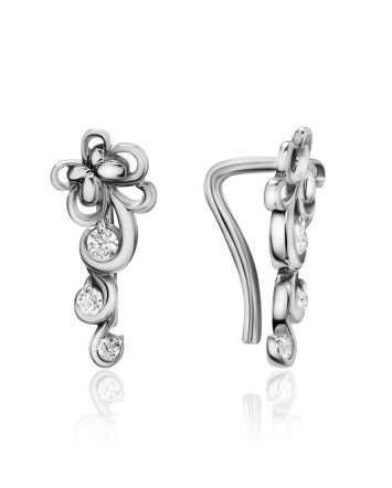 Silver Floral Climber Earrings With Crystals, image 