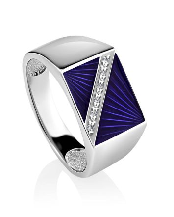 Geometric Unisex Silver Signet Ring With Enamel And Diamonds The Heritage, Ring Size: 9 / 19, image 