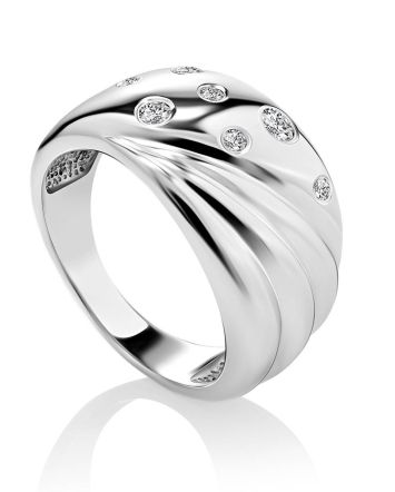 Glossy Silver Band Ring With Crystals, Ring Size: 8.5 / 18.5, image 