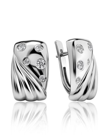 Glossy Silver Earrings With Crystals, image 