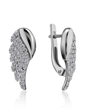 Silver Wing Shaped Earrings With Crystals, image 