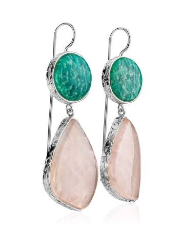 Statement ​Amazonite and Rose Quartz​ Drop Cocktail Earrings The Bella Terra, image 