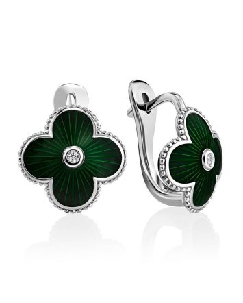 Floral Earrings With Green Enamel And Diamonds The Heritage, image 