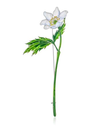 White Anemone Flower Enamel Brooch, image 