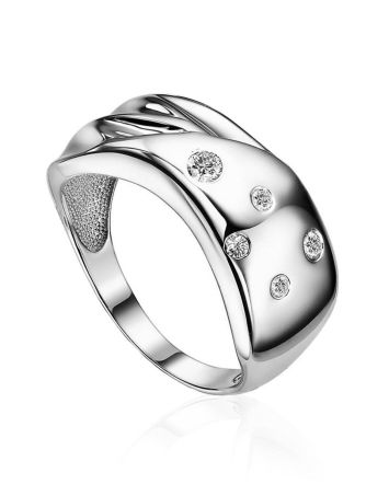 Sleek Silver Band Ring With Crystals, Ring Size: 7 / 17.5, image 