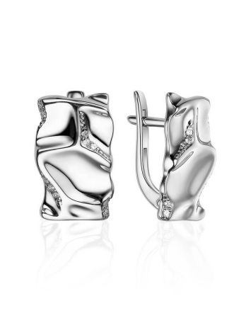 Stunning Textured Silver Earrings With Crystals, image 