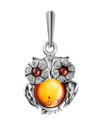 Cute Cognac Colored Amber Owl Pendant, image 