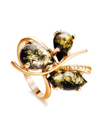 Bold Gold-Plated Ring With Green Amber The Verbena, Ring Size: 11.5 / 21, image 
