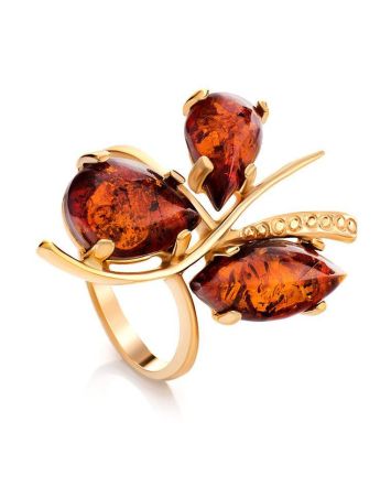 Bold Gold-Plated Ring With Cognac Amber The Verbena, Ring Size: 11.5 / 21, image 