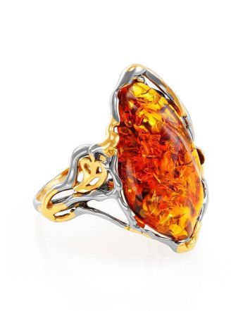 Gold-Plated Cocktail Ring With Cognac Amber The Triumph, Ring Size: Adjustable, image 