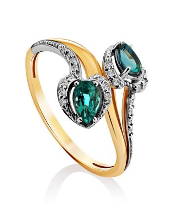Statement Golden Ring With Diamonds And Emeralds, Ring Size: 8 / 18, image 