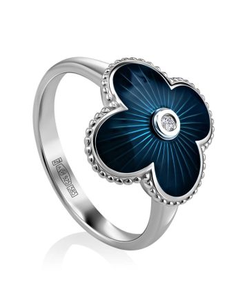 Silver Enamel Four Petal Ring With Diamond The Heritage, Ring Size: 8 / 18, image 