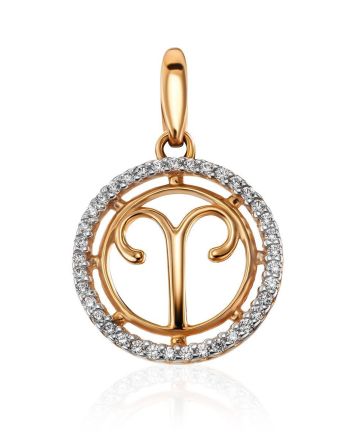 Chic Golden Aries Sign Pendant With Crystals, image 