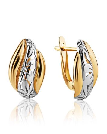 Glamorous Two Toned Golden Earrings With Crystals, image 