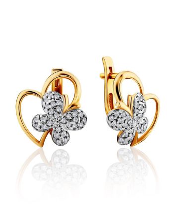 Cute Heart Shaped Golden Earrings With Crystal Butterflies, image 