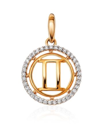 Round Golden Gemini Sign Pendant With Crystals, image 