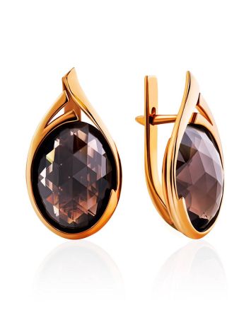 Golden Earrings With Oval Smoky Quartz Centerpieces, image 