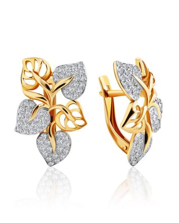 Floral Design Gold Crystal Earrings, image 