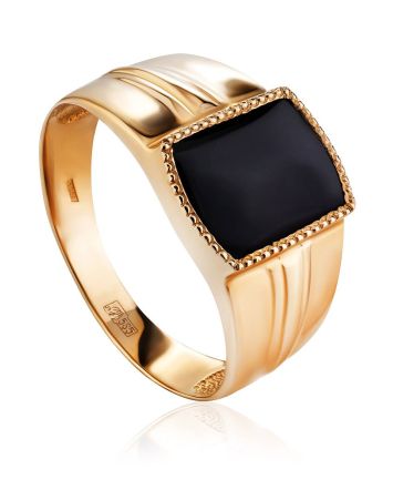 Объемное золотое кольцо-печатка с темным агатом, Ring Size: / 23.5, image 
