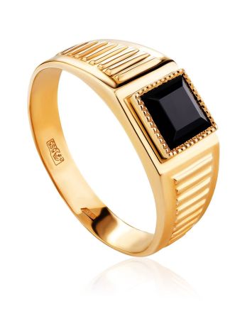 Unisex Golden Signet Ring With Dark Nano Spinel, Ring Size: 12 / 21.5, image 