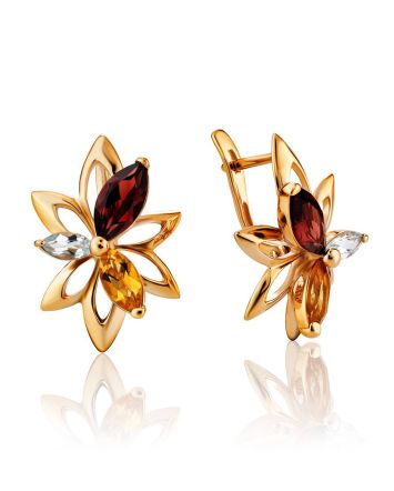 Floral Design Golden Earrings With Multicolor Crystals The Verbena, image 