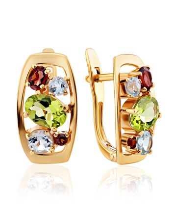 Golden Earrings With Bright Multicolor Stones, image 