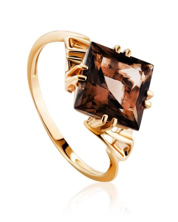 Geometric Golden Ring With Smoky Quartz Centerstone, Ring Size: 8 / 18, image 