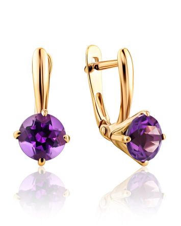 Stylish Gold Amethyst Latch Back Earrings, image 