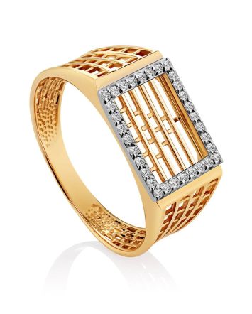 Bold Golden Signet Ring With Crystals, Ring Size: 11 / 20.5, image 