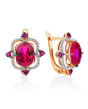 Amazing Golden Earrings With Ruby And Diamonds, image 