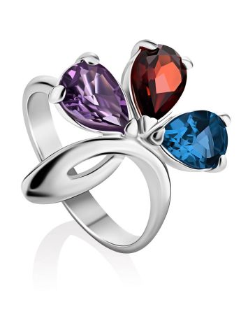 Stylish Silver Ring With Multicolor Crystals, Ring Size: 7 / 17.5, image 