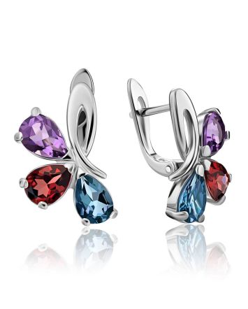 Silver Earrings With Bright Mix Color Crystals, image 