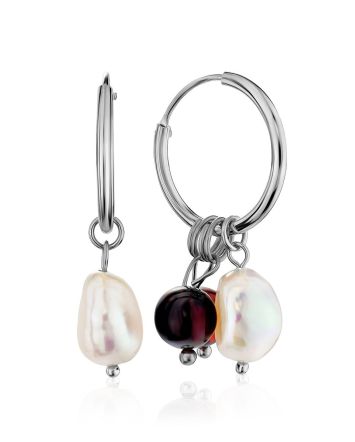 Transformable Silver Hoop Earrings With Natural Cherry Amber And Baroque Pearls The Palazzo, image 