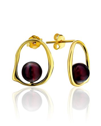 Minimalistic Gold Plated  Silver Earrings With Natural Cherry Amber The Palazzo, image 