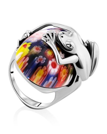 Murano Glass Cocktail Ring With Silver Frog Detail, Ring Size: 6.5 / 17, image 