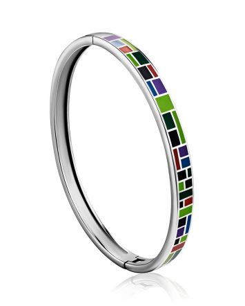 Playful Design Silver Enamel Bangle Bracelet, image 
