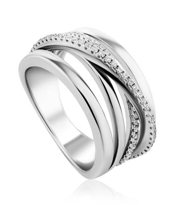 Trendy Criss Cross Design Silver Crystal Ring, Ring Size: 6 / 16.5, image 
