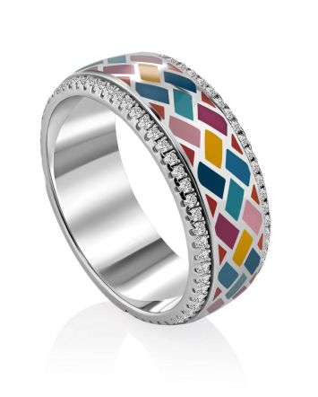 Geometric Design Silver Enamel Band Ring, Ring Size: 8 / 18, image 