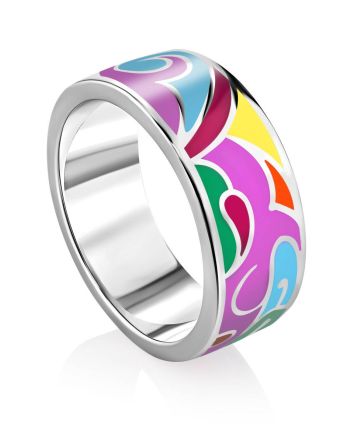 Abstract Design Silver Enamel Band Ring, Ring Size: 6.5 / 17, image 