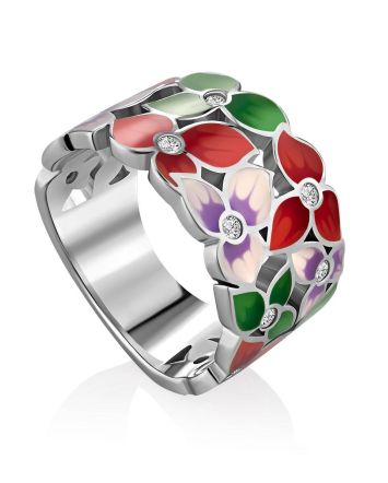 Floral Design Silver Enamel Band Ring, Ring Size: 8 / 18, image 