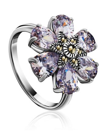 Chic Floral Design Silver Ring With Marcasites And Crystals The Lace, Ring Size: 8 / 18, image 