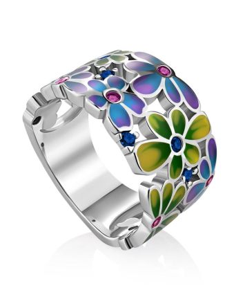 Ultra Feminine Floral Design Enamel Band Ring With Crystals, Ring Size: 7 / 17.5, image 